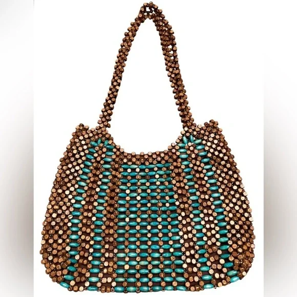 Y2K Wooden Beaded Brown/Teal Zippered Tote Bag - Picture 4 of 4